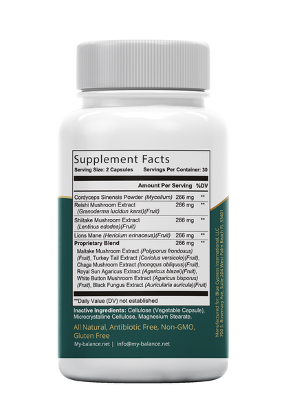 Supreme Mushroom Complex Capsules (Including Chaga , Cordyceps , Reishi Lion’s Mane , Maitake , Turkey Tail , Royal Sun Agaricus extract , White Button Mushroom Extract , And Black fungus Extract)